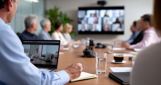 Business meeting with diverse professionals attending hybrid video conference in modern setting with digital screens and laptops