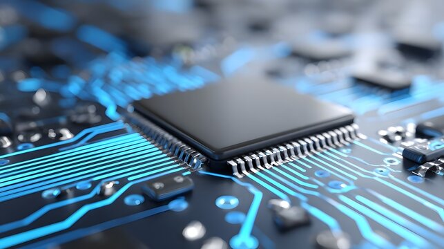 Detailed ro view of an integrated circuit IC or central processing unit CPU placed on a vibrant blue illuminated electronic motherboard symbolizing technological advancement and data flow