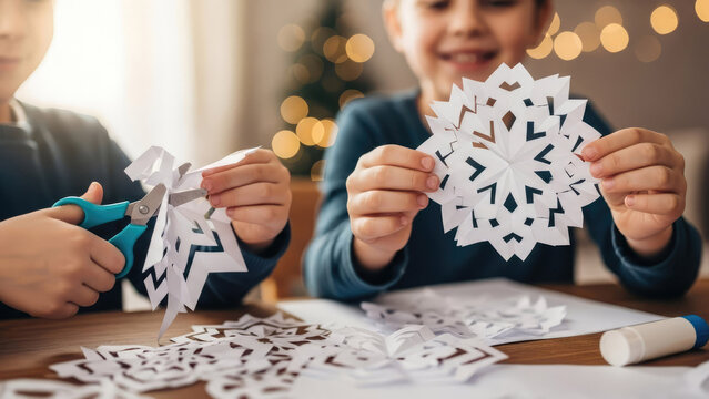 A group of  defocused children gather around a table, cutting snowflakes from paper. Warm, twinkling holiday lights create a winter festive mood of creativity, teamwork, and family fun.