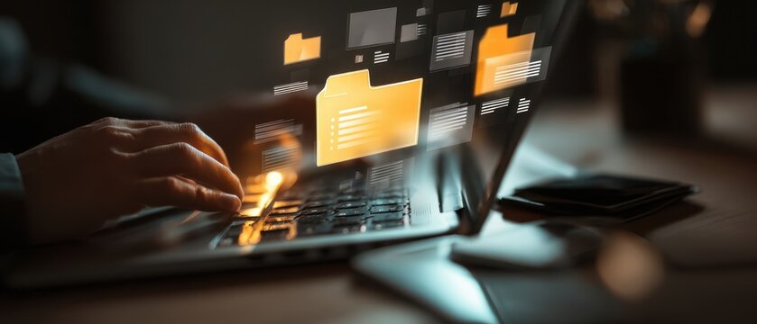 The Laptop with Floating Digital Folders Representing Cloud Data Transfer and Security