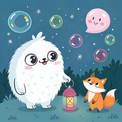 Obraz premium A cute fluffy yeti and a little fox watch whimsical bubbles under a starry night sky with a lantern.