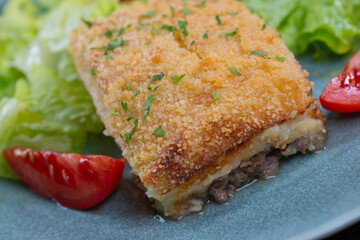 Hachis parmentier, french dish with mashed potato and minced beef. High quality photo