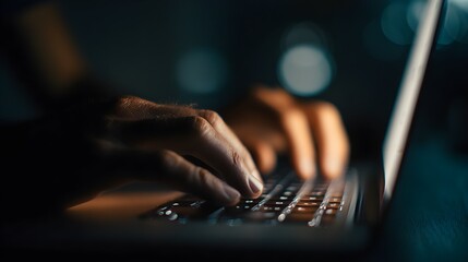 Close-up of hands typing on laptop in dark workspace, clear key reflections, illuminated screen, symbolizing work focus, remote job, digital transformation, sharp focus 