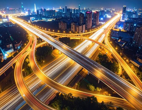 Highway interchange at night; light trails, city backdrop