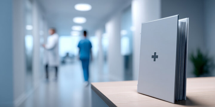 Medical file folder with cross symbol on hospital desk with blurred healthcare professionals in background