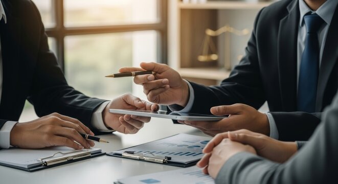 Business professionals in suits pointing and discussing on a tablet at an office, working. Lawyers at an office meeting.