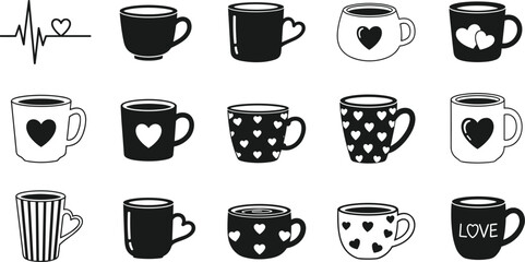 Collection of black and white heart themed coffee mugs and electrocardiogram line with heart