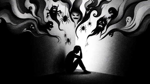 Person suffering from depression and anxiety monsters