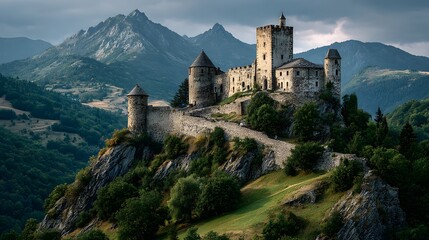Fototapeta premium Medieval stone castle perched on green hill with layered mountain range in background and dramatic cloudy sky showing historic fortress view.