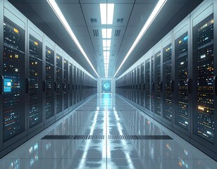 Fototapeta premium Server room, bright, endless aisle, glowing computers
