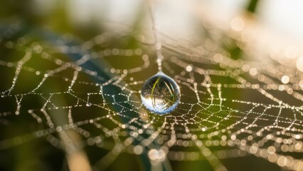 A single dewdrop suspended on a spiderweb