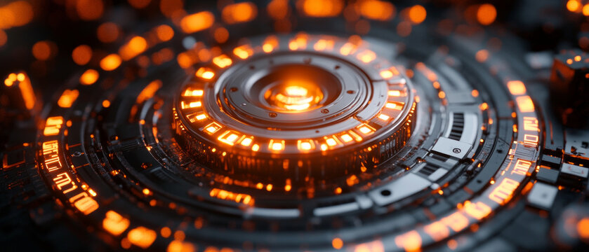 The glowing circles of this futuristic gadget symbolise technological progress, making it a dynamic backdrop for presentations of innovations or technical developments.