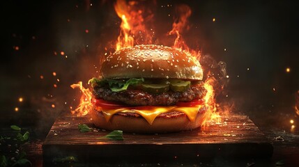 A juicy burger in flames symbolises extreme cooking — a striking backdrop for fast food advertising or cooking shows.