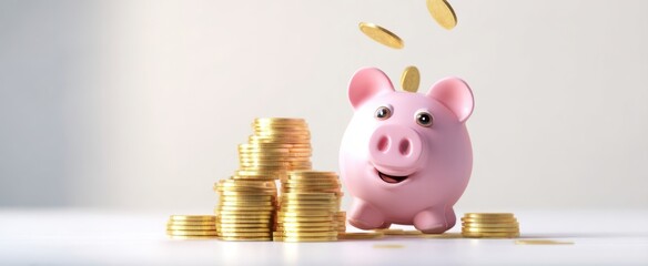 The piggy bank surrounded by stacked gold coins symbolizing savings and financial growth