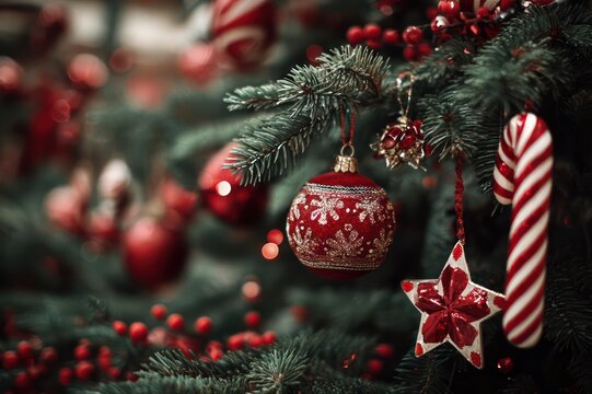 Holiday decorations with red baubles, stars, and candy canes on a Christmas tree - Powered by Adobe
