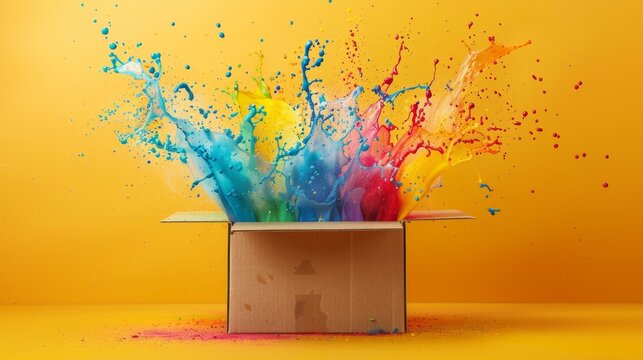 Bright splashes of multicoloured paint from an open cardboard box convey an explosion of creativity, providing an excellent dynamic background for advertising art supplies or creative projects.