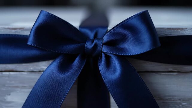Close-up of a gift box with a blue ribbon, ready to unwrap