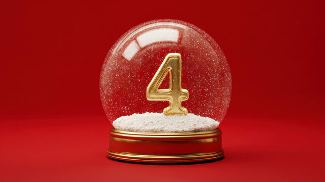 Fototapeta Snow globe with golden number 4 resting on snow against a vibrant festive red background. 12 days of christmas