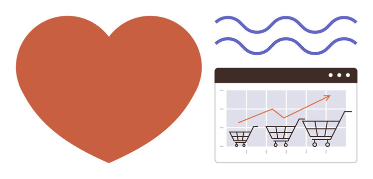 Heart symbol representing customer loyalty, upward graph tracking e-commerce growth, and wavy lines for creativity. Ideal for marketing, analytics, customer engagement, sales, e-commerce, business