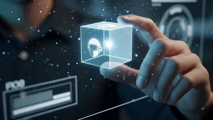 Person holding a holographic cube with a virtual reality headset inside.