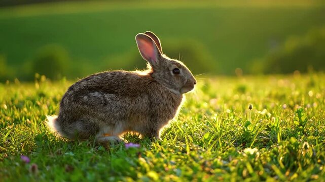 A wild rabbit foraging peacefully within a sun dappled meadow, showcasing its natural instinct and agile movements in search of sustenance. Observational, natural behavior, wildlife documentary style.