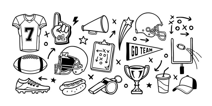 Hand-drawn American football vector set with equipment, play icons, trophies, fan items, and doodle elements. Perfect for sports graphics, and game day designs.
