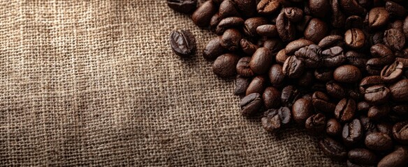 The Coffee Beans Pile on Burlap Sack Beside Rustic Textured Background for Culinary Imagery