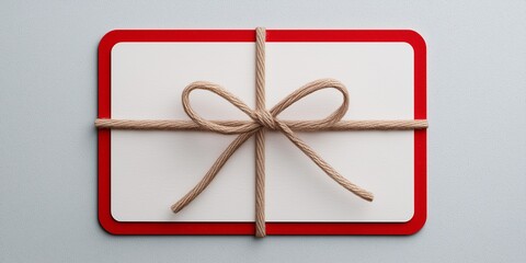 A blank gift card mockup with a clean, classic script area (for customization) and a small, vibrant coral pink organza ribbon, on a smooth white surface