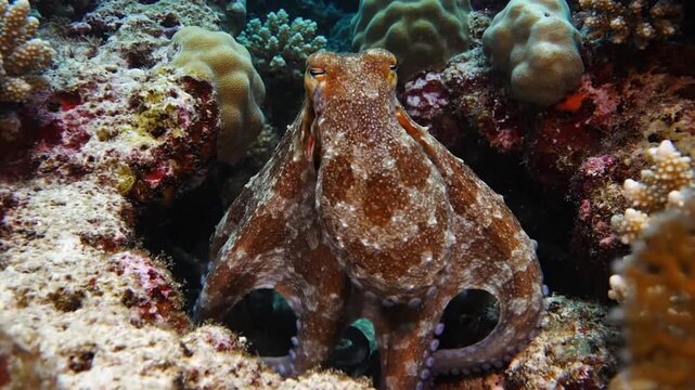 A vibrant octopus expertly camouflaging itself against coral, seamlessly blending into the intricate patterns and colors of its marine habitat. natural camouflage