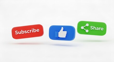 Red subscribe button blue like button and green share button on a white background for social media engagement and online marketing campaigns