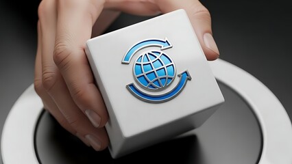 A person's hand holds a white cube with a blue logo of a globe surrounded by circular arrows.