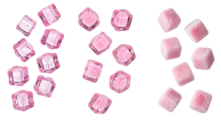 Pink Ice and Sugar Cube Set PNG. Collection of frozen rose water blocks, frosted wine cubes, and sugary candy squares. Variety pack for spa, candy, and cocktail design isolated