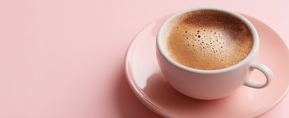 The Coffee Cup on a Pink Saucer with Frothy Cappuccino and Minimal Background