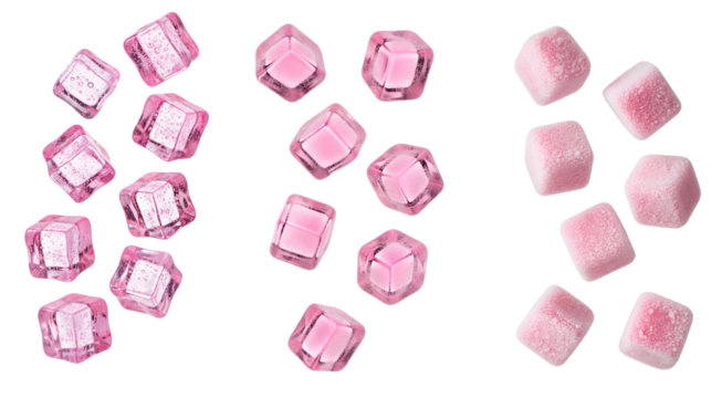 Pink Ice and Sugar Cube Set PNG. Collection of frozen rose water blocks, frosted wine cubes, and sugary candy squares. Variety pack for spa, candy, and cocktail design isolated