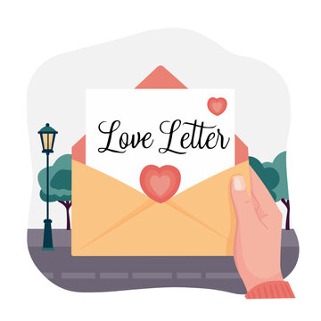 Hand holding envelope with love letter inside on the backdrop of the city. Romantic vector illustration in flat style. Ready for Valentine's day cards designs, prints.