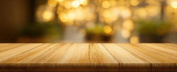 The Wooden Table with Warm Bokeh Lights and Cozy Holiday Background