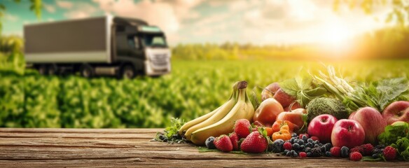 The Fresh Fruit Harvest Display on Rustic Wooden Table with Delivery Truck in Background