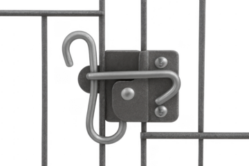 Close-up of a metal cage latch locking a gate