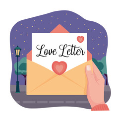 Hand holding envelope with love letter inside on the backdrop of the night city and starry night sky. Romantic vector illustration in flat style. Ready for Valentine's day cards designs, prints.