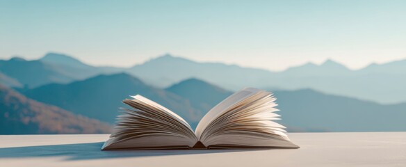 The Book Open on a Table with Mountains and Soft Sunrise Light