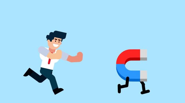 A businessman runs after a walking magnet, symbolizing the pursuit of attraction, success, opportunities, or business growth, on a blue background.

