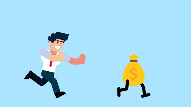 A businessman runs after a walking money bag, symbolizing the pursuit of wealth, financial success, or business profit, on a blue background.

