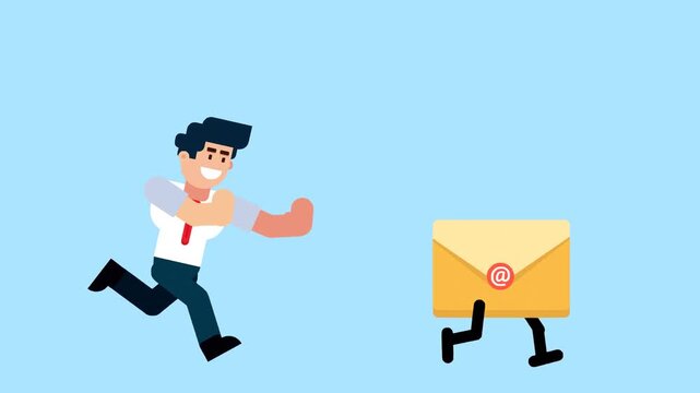 A businessman runs after a walking email envelope, symbolizing the pursuit of communication, messages, or business opportunities, on a blue background.

