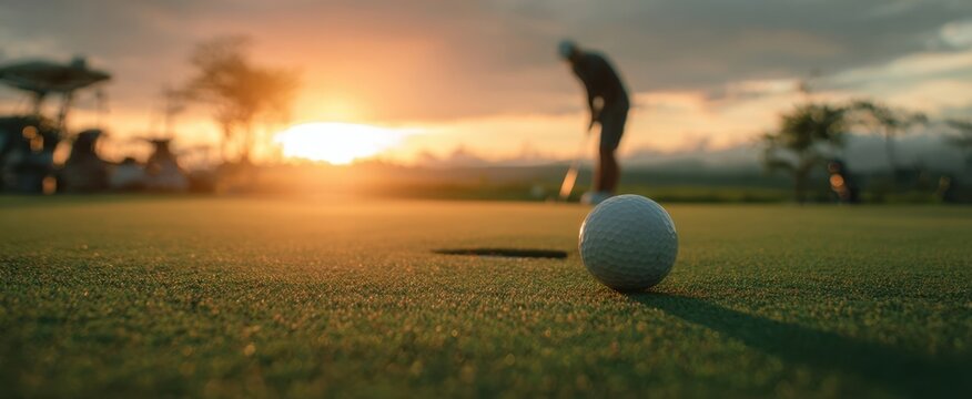 The golf ball on the green with silhouetted golfer and sunset glow