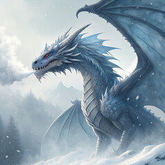 A majestic white ice dragon with glowing red eyes stands in a snowy mountain landscape, breathing out a cloud of frost.