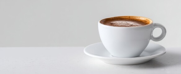The Coffee Cup with Frothy Cappuccino on White Saucer and Minimal Background