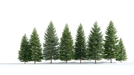 Fototapeta premium Several diverse coniferous trees lightly dusted with snow are arranged in a row on a white backdrop suitable for winter or holiday themes