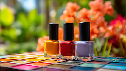 A close-up of three nail polish bottles