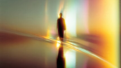 Ethereal silhouette walking through colorful abstract light and reflections