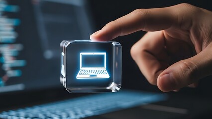 Hand touching a cube with a laptop icon, representing technology and digital solutions.
